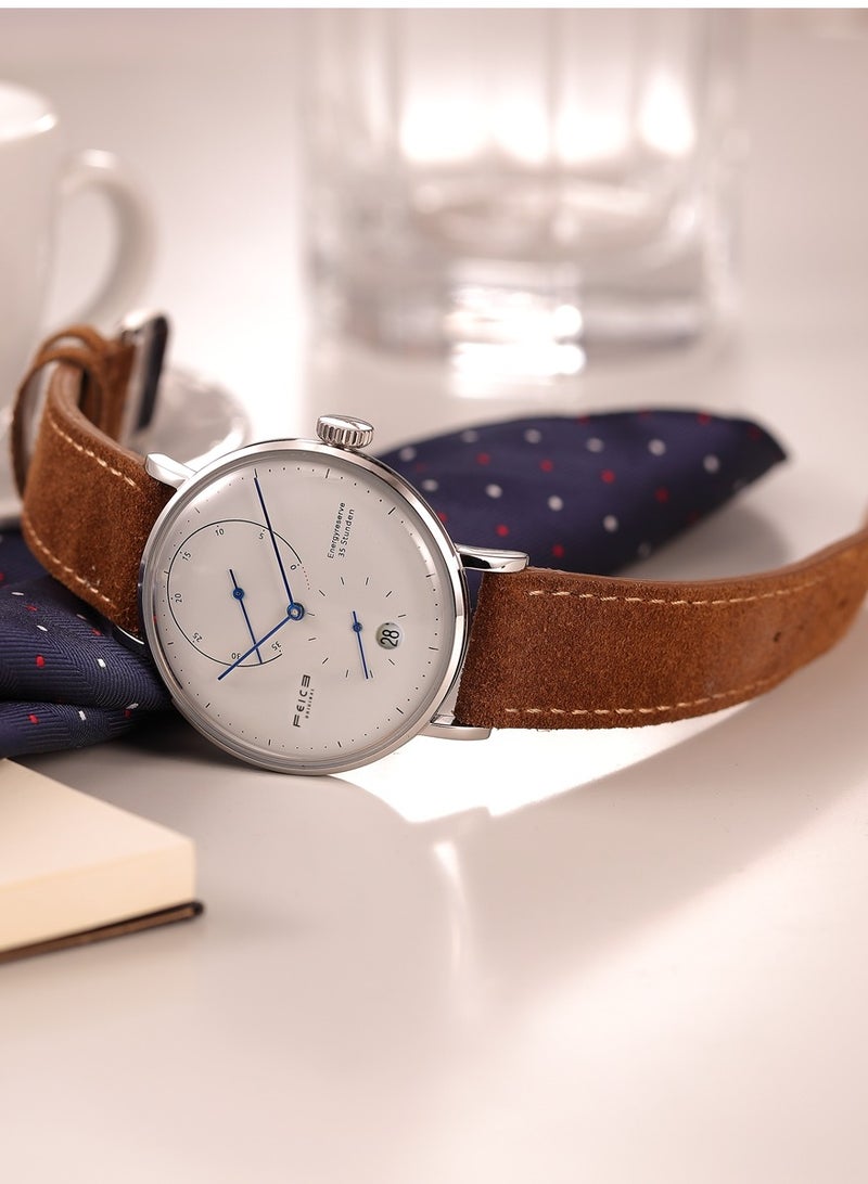 FEICE Men's Automatic Mechanical Watch with Curved Mineral Crystal, Stainless Steel Case, Brown Genuine Leather Strap – Classic Elegant Design - Image 5